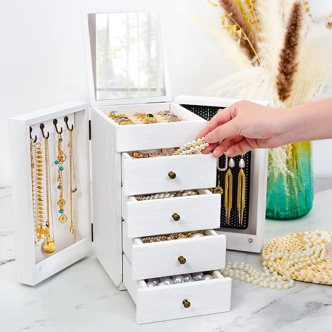Meangood Jewelry Box Wood for Wowen, 5-Layer Large Organizer Box with Mirror & 4 Drawers for Rings, Earrings, Necklaces, White - Image 7