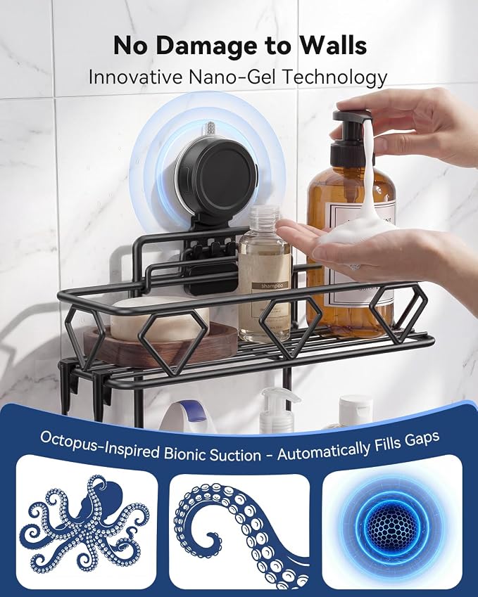 JOTPE Shower Caddy Suction Cup, No Drilling Shower Shelves Hold Up to 40 lbs, Large Capacity Double Layer Bathroom Organizer and Storage with Hooks, Rustproof & Removable Bathroom Shelf, Black - Image 3