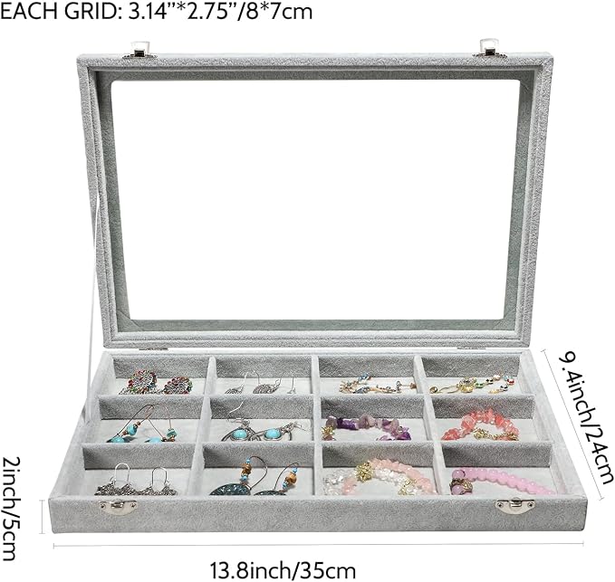 Stratalife Jewelry Holder Organizer Jewelry Organizer Box Bracelet Storage Velvet Jewelry Tray with Clear Lid Jewelry Drawer Organizer Jewelry Display Tray 12 Grid Grey - Image 6