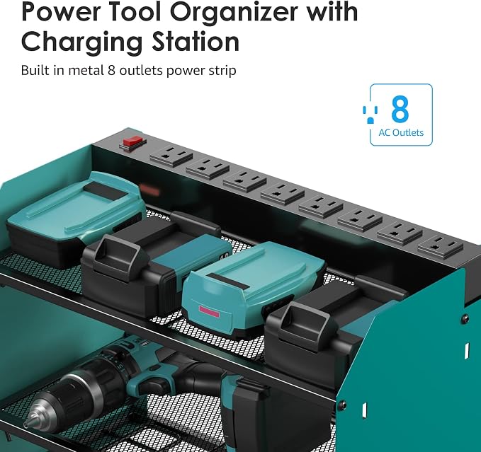 CCCEI Modular Power Tool Organizer Wall Mount with Charging Station. Garage Drill Storage Shelf with Hooks, Heavy Duty Rack, Tool Battery Holder Built in 8 Outlet. Gift for Men. Navy Blue, 2 Pack. - Image 2