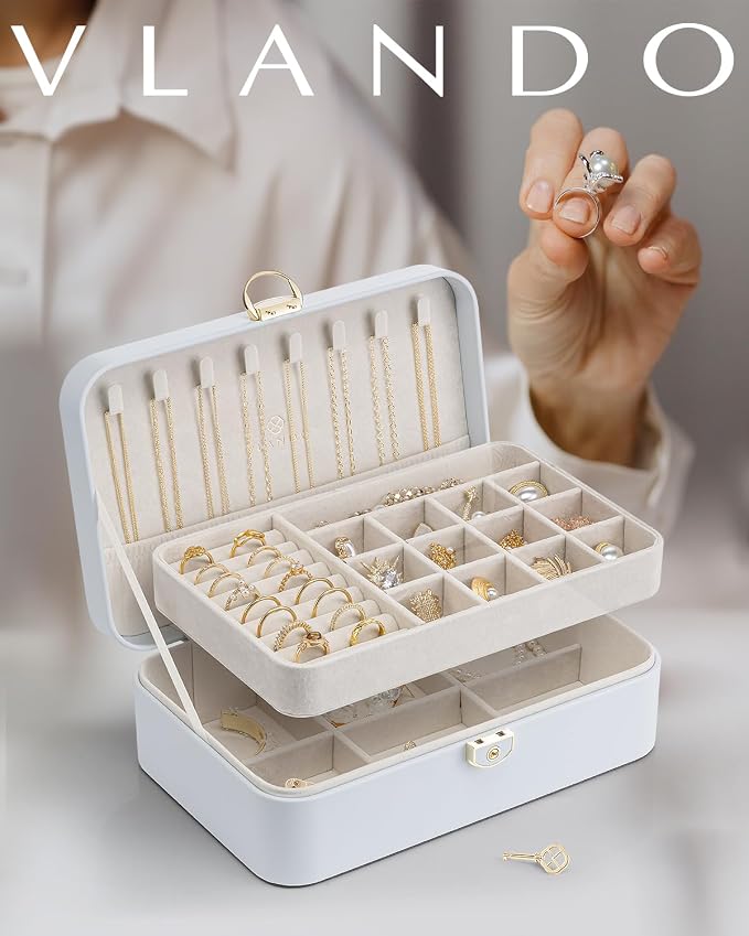 Vlando Jewelry Box Organizer for Women Girl,Lockable Jewelry Case Boxes with 2 Layers,Earrings Necklace,Rings Storage,Gift Box Packaging,Wedding Birthday Gifts Ideas Blue - Image 7