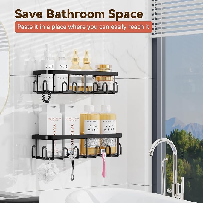 YASONIC Adhesive Shower Caddy, 2 Pack Black Shower Shelves for Inside Shower, Rustproof Shower Organizer with Soap and Toothbrush Holder, No Drilling Shower Storage for Bathroom/Kitchen - Image 2