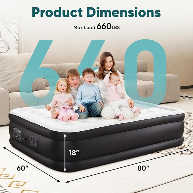 18" Portable Queen Air Mattress with Built-in Pump, Quiet Inflatable Guest Bed for Home Use, Supports Up to 660 lbs, Durable Inflatable Mattress, 79.93" L x59.85 W x17.72 H