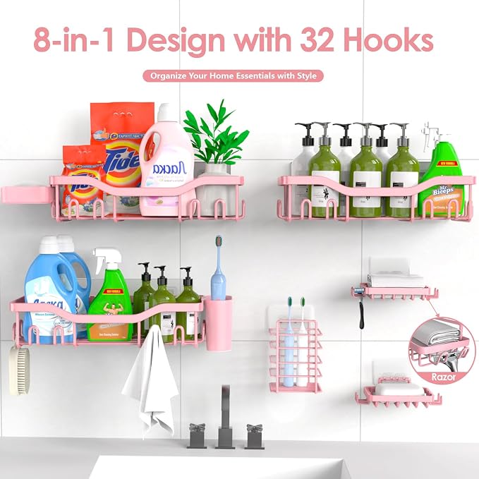 NESOMI Shower Caddy Adhesive Shower Organizer 8-Pack, Rustproof Stainless Steel Bathroom Shelves, Large Capacity No-Drill Rack Storage Accessories with Soap Dish Toothbrush Holder Hooks - Image 7
