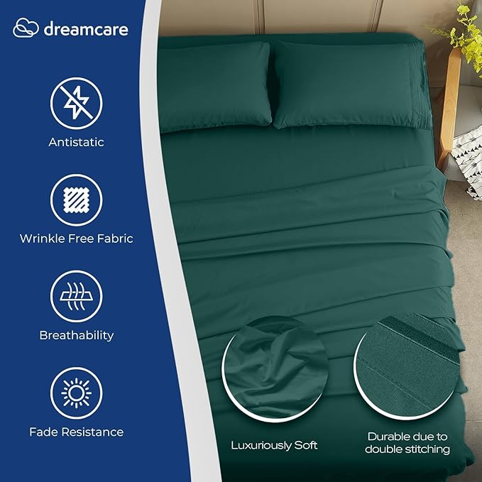 DREAMCARE Twin XL Sheet Sets - 4 pcs Breathable Cooling Bed Sheets - up to 15" Deep Pocket Twin XL Sheets Set with Side Pockets -Extra Soft 100% Brushed Hypoallergenic Hotel Luxury Bedding Emrld Green