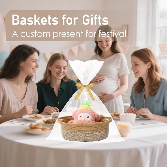 JMvicyroam Woven Basket,Small Rope Storage Bin with Handles & Ribbon Bag, Organizer for Shelves Closets,Gift Basket Empty for Birthday,Books,Dog Toys, Jute&Brown/3 Pack - Image 4
