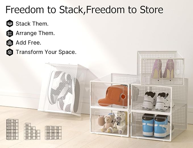 Kuject XX-Large Shoe Storage Boxes Organizers Clear Plastic Stackable 12 Pack, Shoe Rack & Holder Substitute, Sneaker Containers, Shoe Storage Organizer Bins for Closet, Under Bed,White(No Fold Line) - Image 7