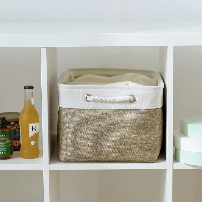 TheWarmHome Storage Basket for Organizing - 16x12x8 inch Large 3 Pack Collapsible Storage Bin for Shelves with Handles, Fabric Storage Cubes for Organizer Cloth Gift Toy Closet (Whiet & Khaki) - Image 4