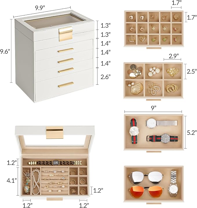 Somduy Jewelry Box, 5 Layers Jewelry Storage Display Box with Glass Lid for Women, 4 Drawers,Large Capacity for Necklace Earrings Bracelets Rings,White - Image 5