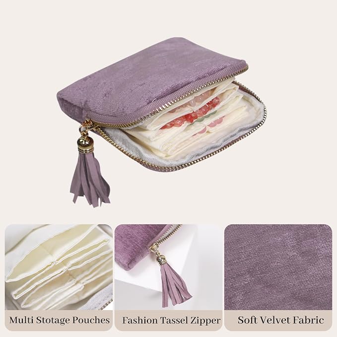 Stratalife Travel Jewelry Case - Portable Jewelry Organizer for Traveling Small Pouches for Bracelets Necklace Bangles Healing Crystal, Ring Storage with Zipper Gift for Women, Purple Tassel - Image 3