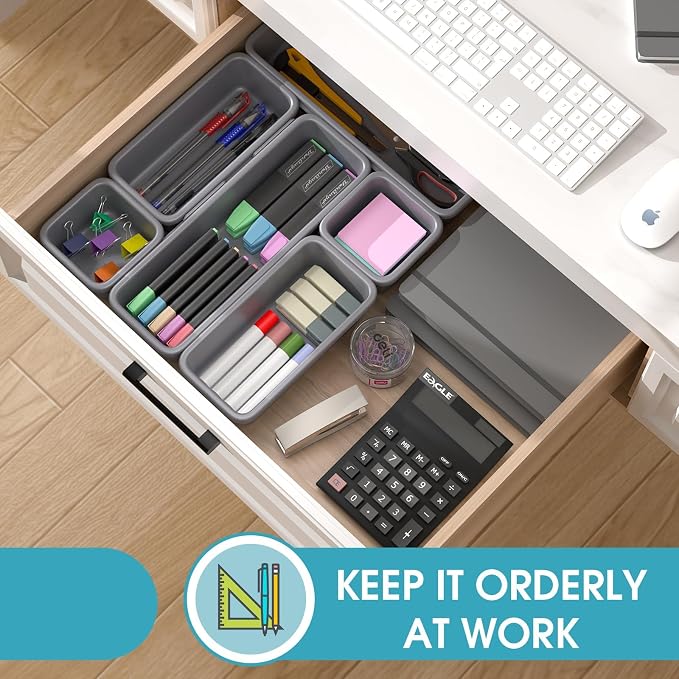 6 PCS Drawer Organizer Set, 3 Size Makeup Drawer Divider Organizer With Non-Slip Pads, Interlocking Plastic Storage Bins for Office,Jewelry Vanity,Gadgets, Bathroom,Kitchen, Grey - Image 4