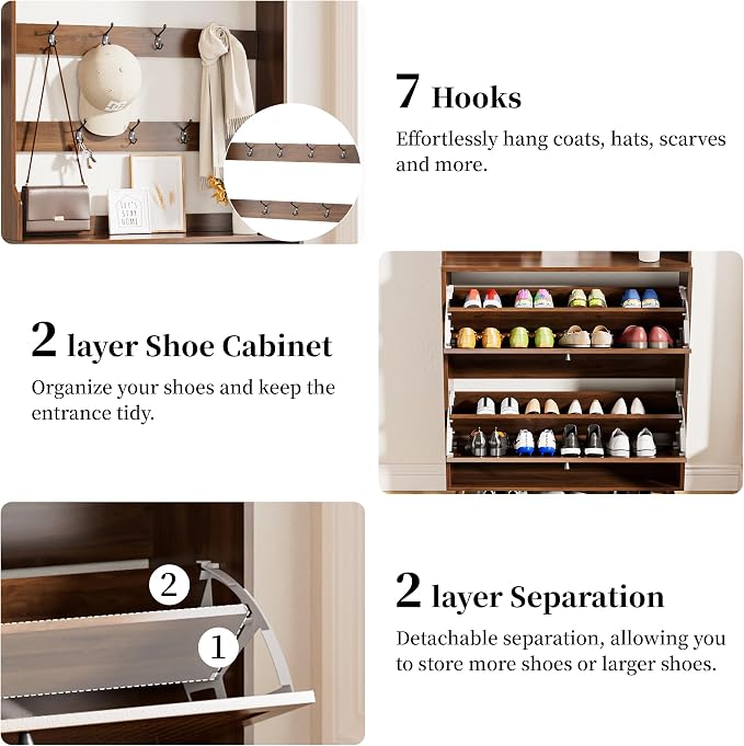 Fsbecl Shoe Cabinet for Entryway with 2 Flip Drawers & Coat Rack, Narrow Hidden Shoe Storage Cabinet with Fluted Panel, 2-in-1 Hall Tree Slim Freestanding Shoe Rack Organizer for Hallway, Walnut - Image 4