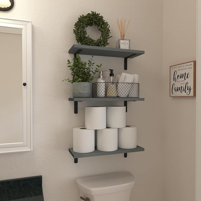 WOPITUES Wood Floating Shelves Set of 6, Shelves for Wall Decor, Farmhouse Shelf for Bedroom, Bathroom Storage Shelves, Book Shelves for Living Room-Grey - Image 4