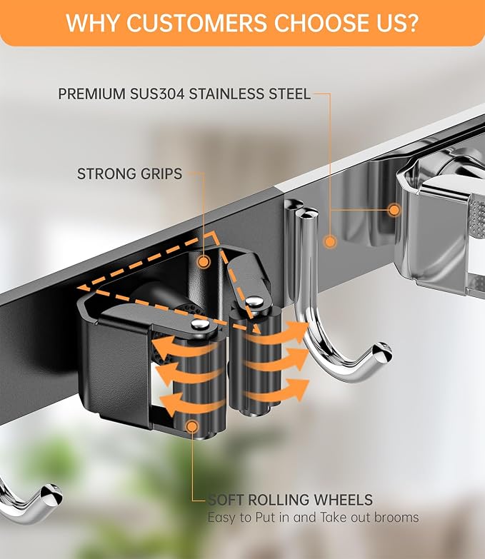 Broom Holder Over The Door - 304 Stainless Steel Mop and Broom Holder Wall Mounted or Hanging Over The Door with Hooks - Broom Hanger, Broom Storage Tool Organizer for Garage Closet Laundry - Image 7