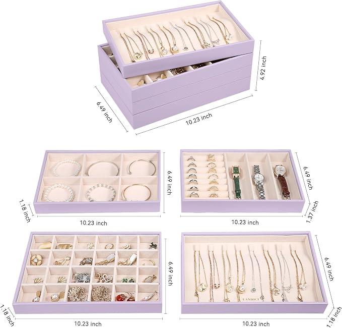LANDICI Stackable Jewelry Organizer Trays 4 Set,PU Leather Jewelry Organizer Drawer,Jewelry Storage Display Tray for Earring Necklace Rings Bracelet with Removable Dividers,Lavender - Image 5