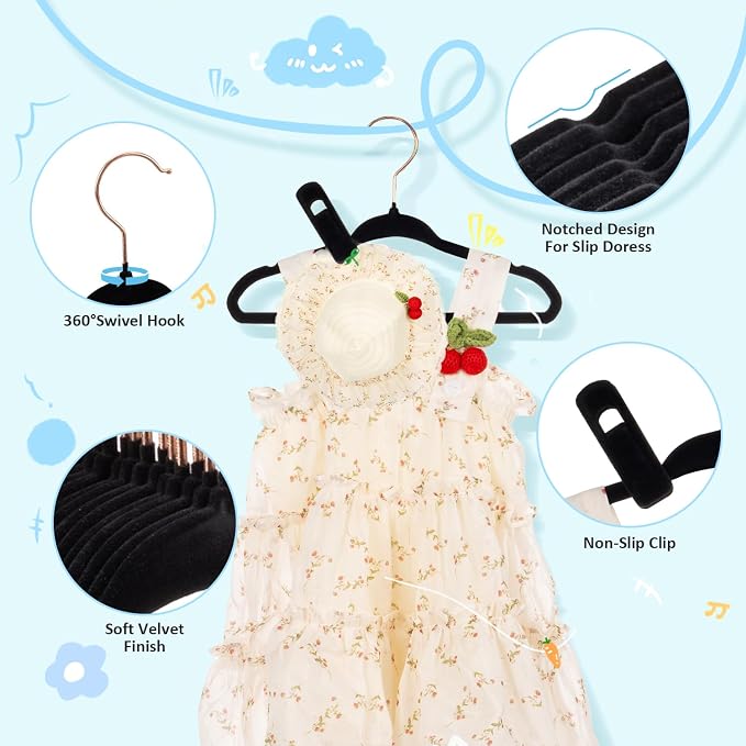 Tonswachic Velvet Baby Hangers 30 Pack - 11 Inch Premium Felt Non Slip Kids Hanger for Infant Toddler Clothes - 0.2" Ultra Thin Baby Clothes Hangers for Children's Closet with 10 Hanger Clips - Black - Image 3