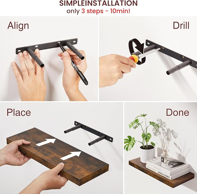 BAYKA Floating Shelves for Wall, 15.7in Wall Mounted Rustic Wood Shelves for Bathroom, Bedroom, Living Room, Kitchen, Hanging Shelf for Storage/Room Decor with 22lbs Capacity (Rustic Brown, Set of 4) - Image 6
