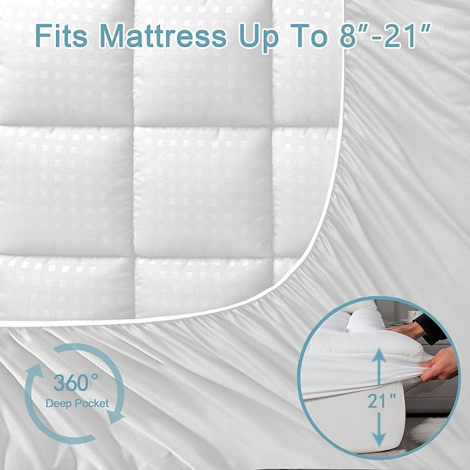 HYLEORY California King Mattress Pad Quilted Fitted Mattress Protector Cooling Pillow Top Mattress Cover Breathable Fluffy Soft Mattress Topper with 8-21" Deep Pocket