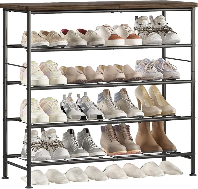 SUOERNUO Shoe Rack Organizer 5 Tier for Closet Entryway Free Standing Metal Storage Shoe Shelf with MDF Top Board，Black+Rustic Brown by SUOERNUO
