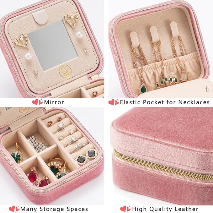 Plush Velvet Jewelry Travel Case,Small Jewelry Box,Traveling Jewelry Organizer,Portable Jewellery Storage Holder for Rings Earrings Necklace Bracelet, for Girls Women | Pink-Mirror - Image 3
