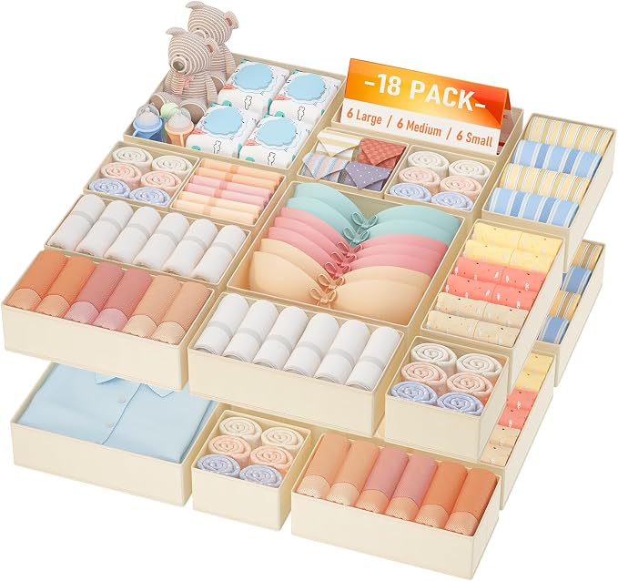 DIMJ Drawer Organizer Clothes Storage- 18 Pack Baby Dresser Organizer for Nursery, Foldable Closet Drawer Organizer Bins for Bedroom Organization, Fabric Storage Dividers for Socks, Underwears, Bras by DiMJ
