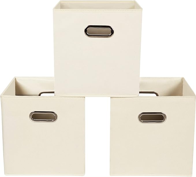 Yunkeeeper storage bins Cubes, Fabric Cube Organizer with Handle, Foldable Cube Bins for Cloth or Accessary Storage, 11x11x11, Set of 3, (Creamy White) by Yunkeeper