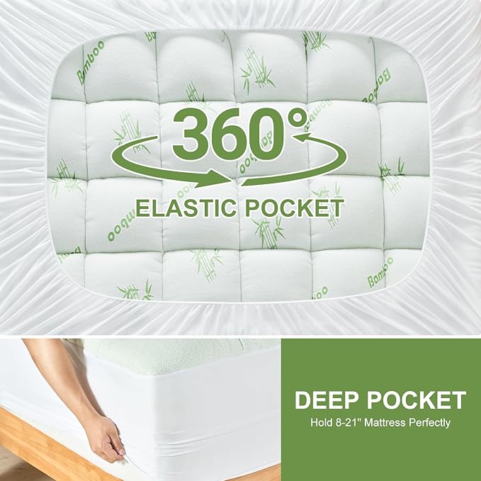 Twin XL Size Mattress Topper Viscose Derived from Bamboo, Soft Thick Pillow Top Mattress Pad Cover for Back Pain, Cooling Mattress Protector with 8-21 Inch Deep Pocket, White