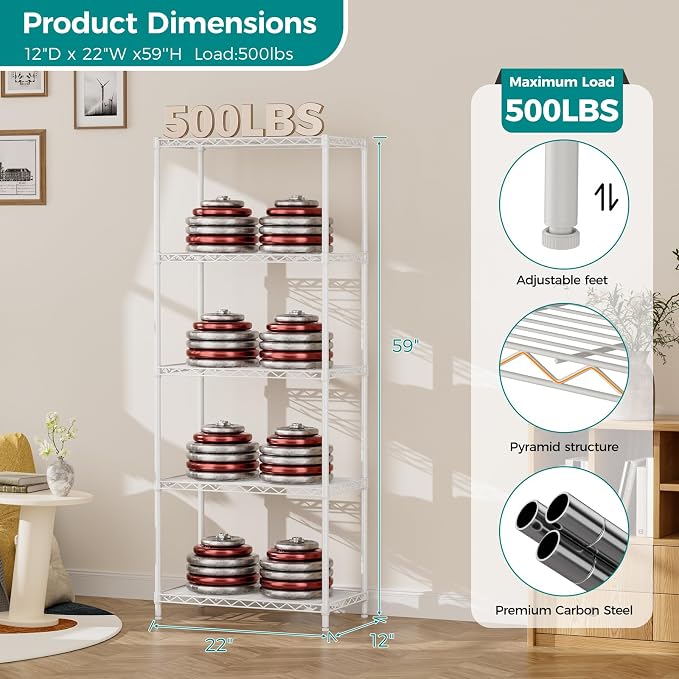 SINGAYE Shelf Wire Shelving Adjustable Storage Shelves Rack Standing Units for Kitchen Closet Laundry Bathroom Organizers Metal Pantry Narrow Mesh Gaps 12" D x 22" W x 59" H White - Image 9