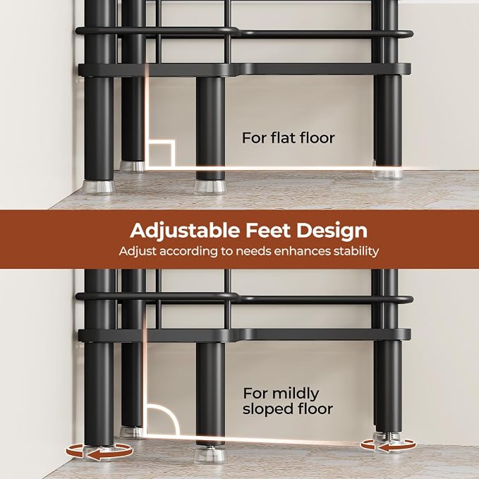 Orimade Rustproof 4 Tier Floor Standing Corner Shower Caddy Organizer with Toothbrush Holder, Large Spacing Floor Shower Shelf Rack Storage Stands with Hooks for Bathroom Kitchen, Black - Image 7