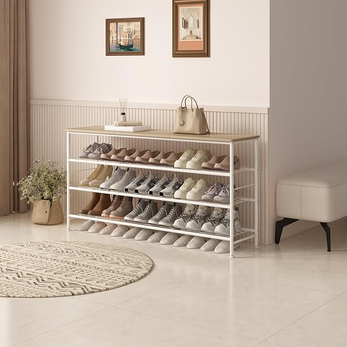SUOERNUO Shoe Rack Organizer 4 Tier for Closet Entryway Free Standing Metal Storage Shoe Shelf with MDF Top Board (White+Oak, Large 4 Tier) - Image 2