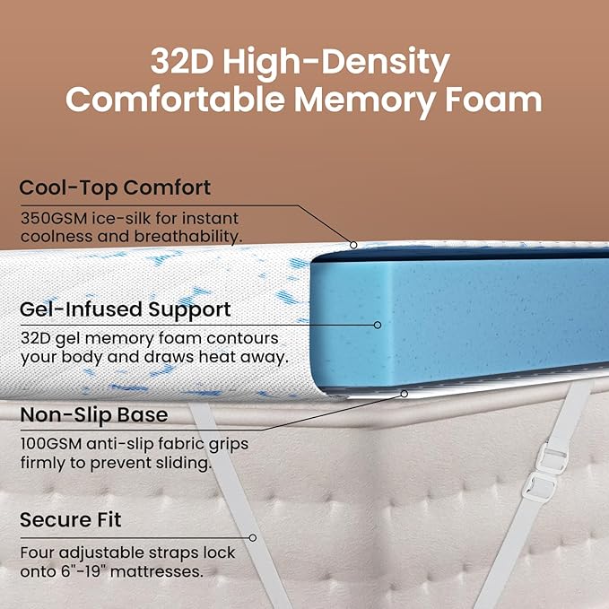 OhGeni 3 Inch Cooling King Size Gel Memory Foam Mattress Topper Pad,Soft Bed Cover with Anti-Slip Base & Zipper,Fits 6"-19" Mattresses with Straps,Extra Comfort for Sleep &Back Pain Relief