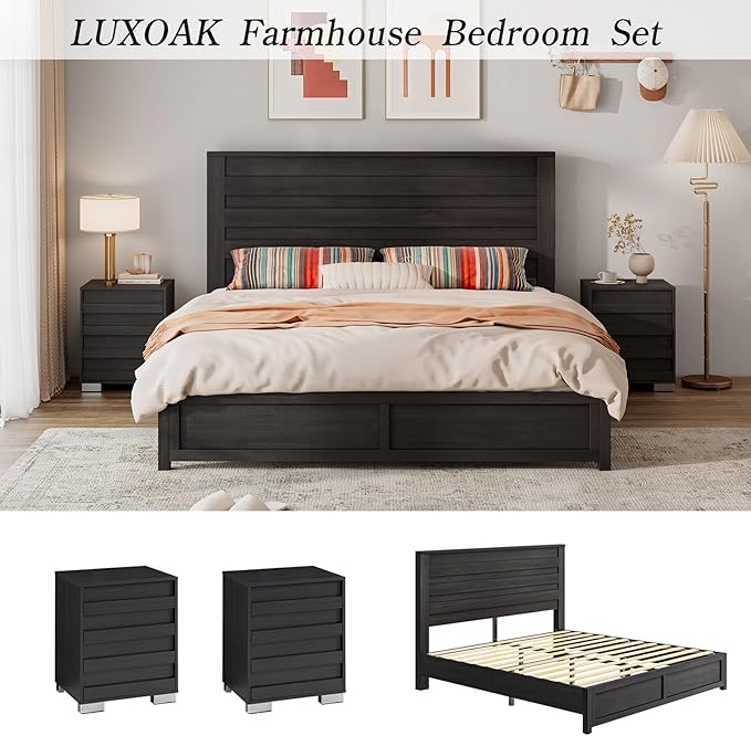 LUXOAK 3 Pcs Bedroom Furniture Sets - Includes Farmhouse Queen Size Bed Frame with 49" Tall Headboard and Nightstand Sets of 2 with Charging Station, Slated Handles & Stainless Steel Feet, Black