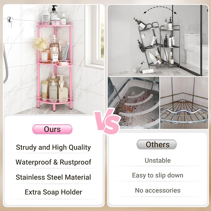 ELYKEN Corner Shower Caddy Standing, 3 Tier Rustproof Metal Shower Organizer with Soap Holder, Floor Shower Corner Shelf Rack Storage Stands with Adjustable Feet & 2 Hooks for Bathroom, Pink - Image 7