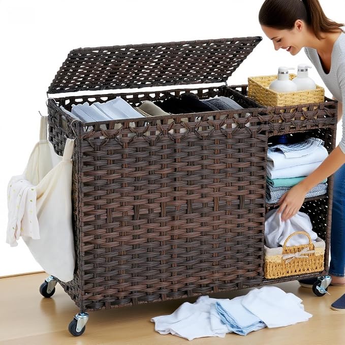 Laundry Hamper with Lid, 160L Rattan Wicker Laundry Basket with Wheels, Handwoven Laundry Hamper 3-Section with Storage shelf(42.3 Gal), Laundry Sorter Basket with Removable Liner,Brown HLH033BR - Image 6