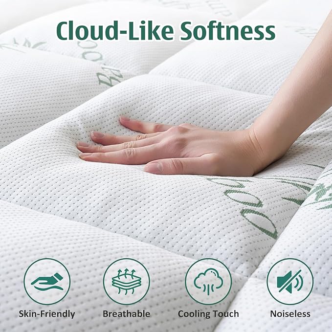DOWNCOOL Memory Foam Mattress Topper King, Cooling Pillow Top Mattress Pad with Viscose Derived from Bamboo, Back Pain Relief, Deep Pocket Fits 8–21 Inch