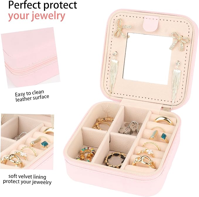 Travel jewelry case,Small Jewelry Box Organizer with Mirror, Gift for Women Girls,3.9"x3.9",Pink,1Pack - Image 5