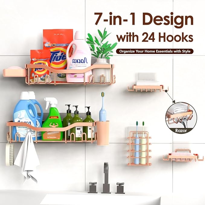 NESOMI Shower Caddy Adhesive Shower Organizer 7-Pack, Rustproof Stainless Steel Bathroom Shelves, Large Capacity No-Drill Rack Storage Accessories with Soap Dish Toothbrush Holder Hooks - Image 7