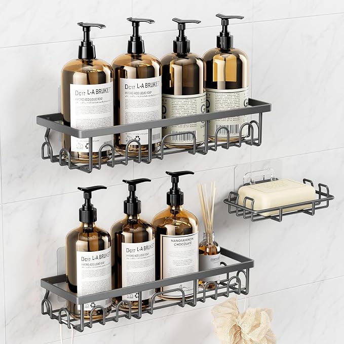 Shower Caddy, 3 Pack Shower Shelves for Inside Bathroom, Rustproof Adhesive Bathroom Organizer with Soap Holder, No Drilling Washroom Organizers and Storage for Bathtub Room/Kitchen/Home, Grey - Image 9