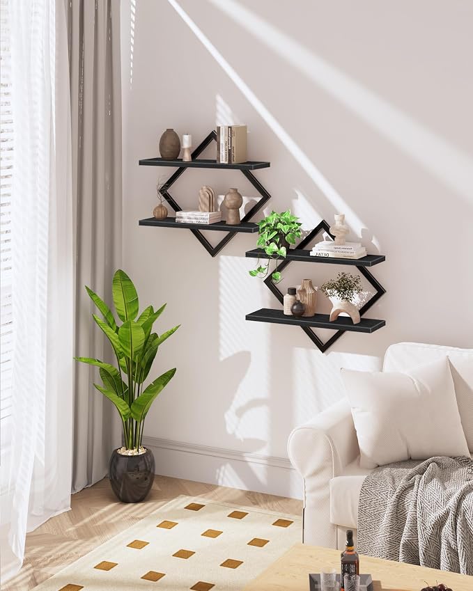 CHOEZON Floating Shelves, Set of 2 Wall Shelves, 2-Tier Hanging Shelves, Wall Shelf Set of 2, Wall Mounted Shelves, for Living Room, Bedroom, Kitchen, Office, Study, Black TBJ01P2BB - Image 8