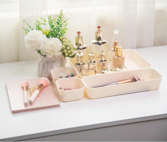 Backerysupply Set Of 12 Beige Color Plastic Desk Drawer Organizers For Makeup Bathroom Office Kitchen Vanity Drawer Storage Box Container - Image 6