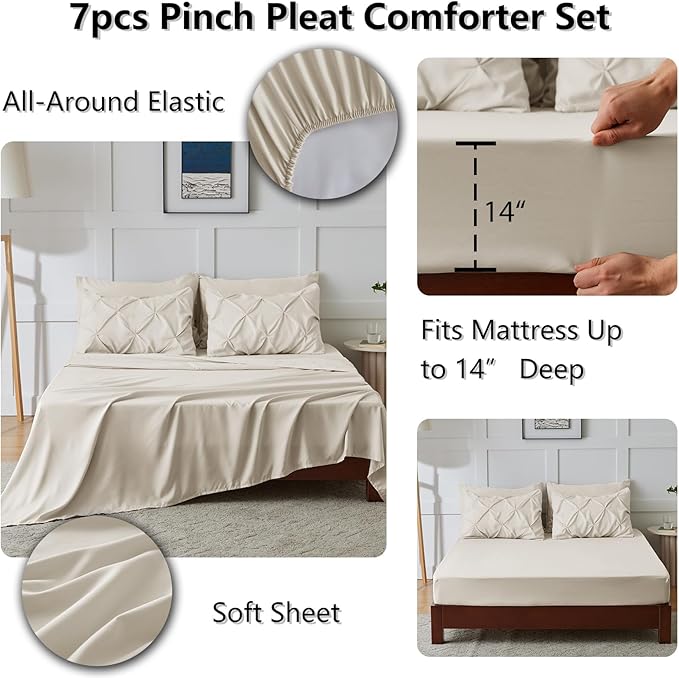 CozyLux King Size Comforter Set Beige, 7 Pieces Bed in A Bag Beige Comforter King Size, Pinch Pleat Bedding Set with All Season Comforter, Sheets, Pillowcases & Shams