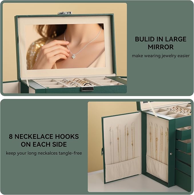 Frebeauty Large Jewelry Box,6-Tier PU Leather Jewelry Organizer,Multi-functional Storage Case with Mirror,Accessories Holder with 5 Drawers for Necklace Bracelets Watches(Blackish Green) - Image 5