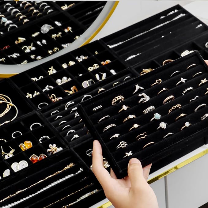 SPAKOWN Jewelry Drawer Organizer Inserts Set of 9, Jewelry Trays for Drawers Velvet Jewelry Organizer Tray Drawer Jewelry Organizers and Storage for Earring Ring Necklace Watch Bracelet (Black) - Image 5