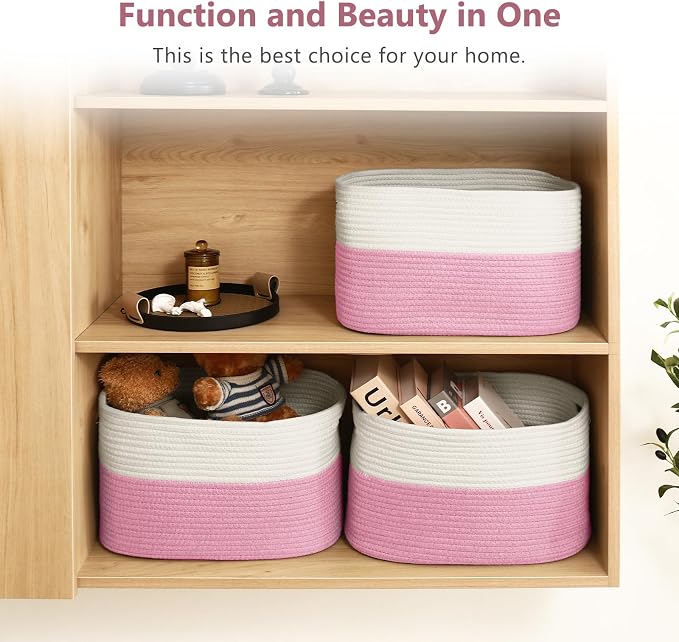 ECDYQXVU Cotton Rope Shelf Storage Basket, 15x10x9 in, Shelf Storage Baskets for Clothes, Towels, Books, Laundry (White/ Pink, 1 Pack) - Image 6