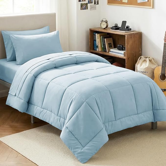 CozyLux Twin XL Comforter Set Light Blue, 5 Pieces Twin Extra Long Bed in a Bag for College Dorm, All Season Bedding Set with Stitch Quilted Comforter, Flat Sheet, Fitted Sheet, Pillowcases
