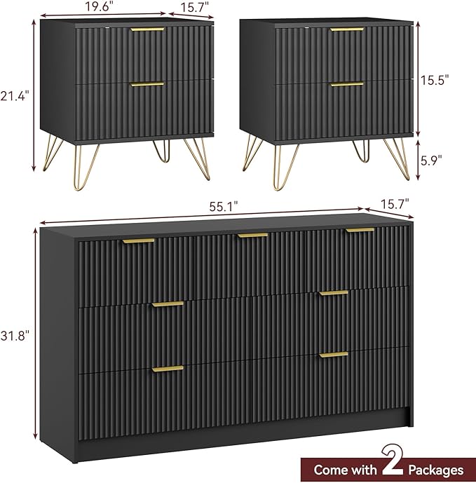7 Drawer Dresser and Nightstand Sets for Bedroom, 3 Pcs Bedroom Set，Night Stand Set of 2 & 7 Drawer Dresser with Gold Handles, Modern Wood Chest of Drawers Storage Cabinet Set, Black