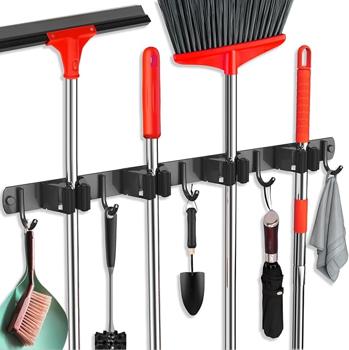 2 Pack Mop and Broom Holder Wall Mount, Upgraded Broom Hanger Wall Mount, Stainless Steel Broom Organizer for Closet Garage Laundry Room Kitchen Wall Decor Black 4R5H - Image 6