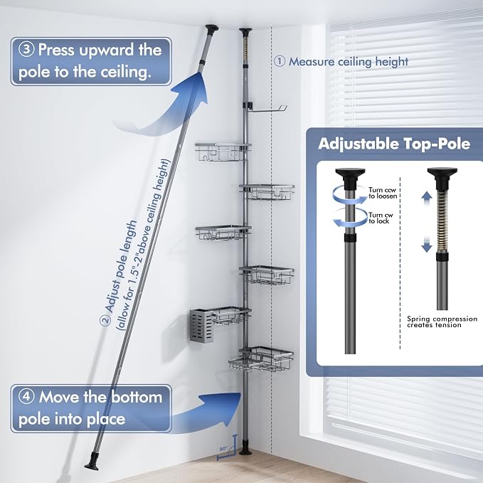 Vatex Corner Shower Caddy Tension Pole,30-120 Inch Adjustable Shower Organizer, 6-Tier Shower Shelves with Towel Rack/Toothbrush Holder/Soap Dish, Bathroom Corner Storage Rust-Resistant - Image 6