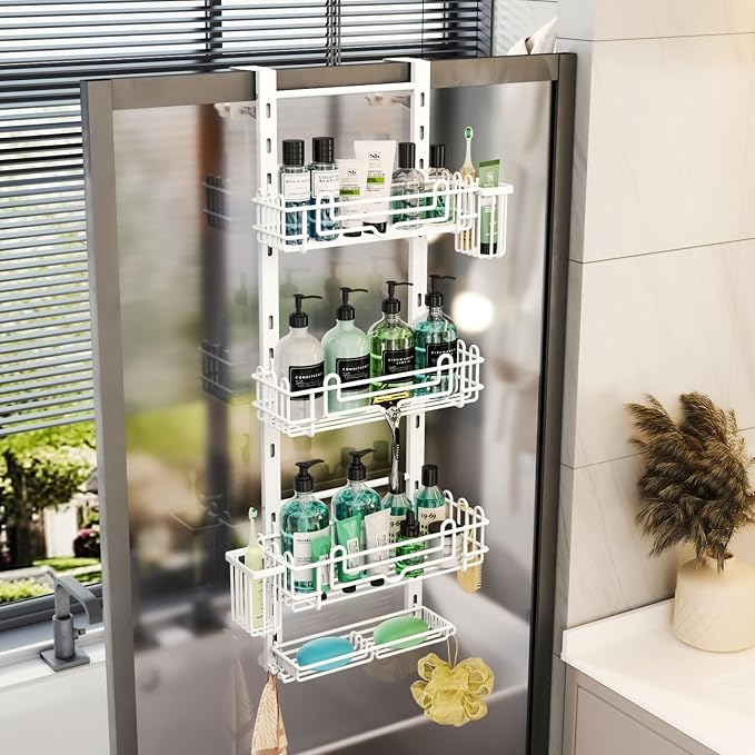 HapiRm 4 Tier Over the Door Shower Caddy, Hanging Shower Caddy with 22 Hooks and 2 Toothbrush Holders, No Drilling Adjustable Hanging Bathroom Organizer - White - Image 8