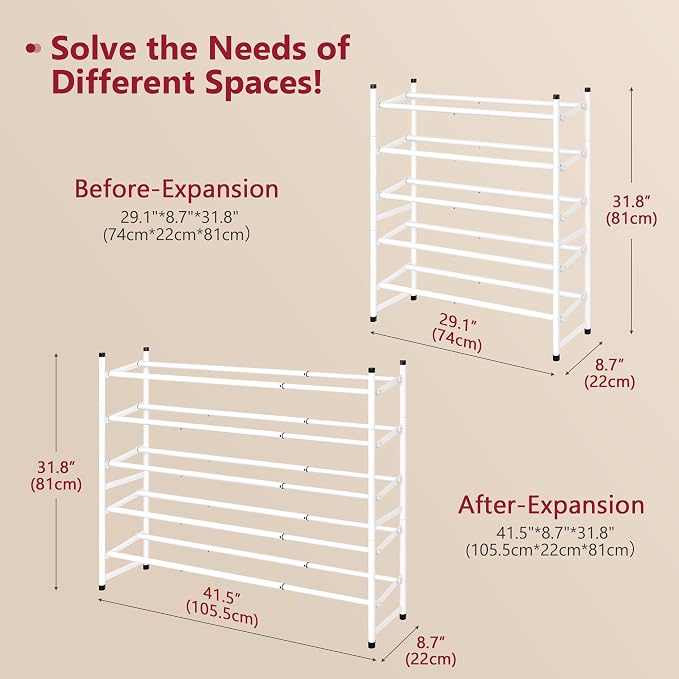 Tajsoon Expandable Shoe Rack for Closet 5 Tier, 29“-41“Adjustable & Stackable Shoe Shelf Storage, Metal Shoe Rack Organizer for Front Door Entrance, Closet, Garage, Entryway, White - Image 3